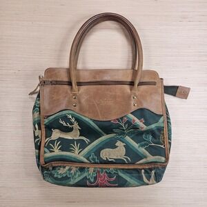 Orvis Tote Bag Women Brown Tapestry Leather Trim Made in USA Hunting Scene